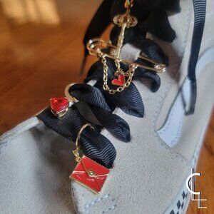 Custom red and gold shoe charm and kilt set: key, heart, pin, and love letter